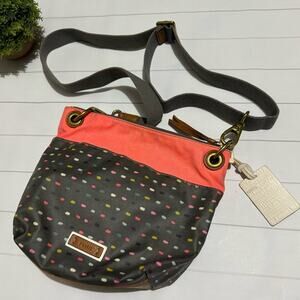 Fossil Peach Coral Gray Polka Dot Canvas Crossbody Shoulder Bag‎ Purse